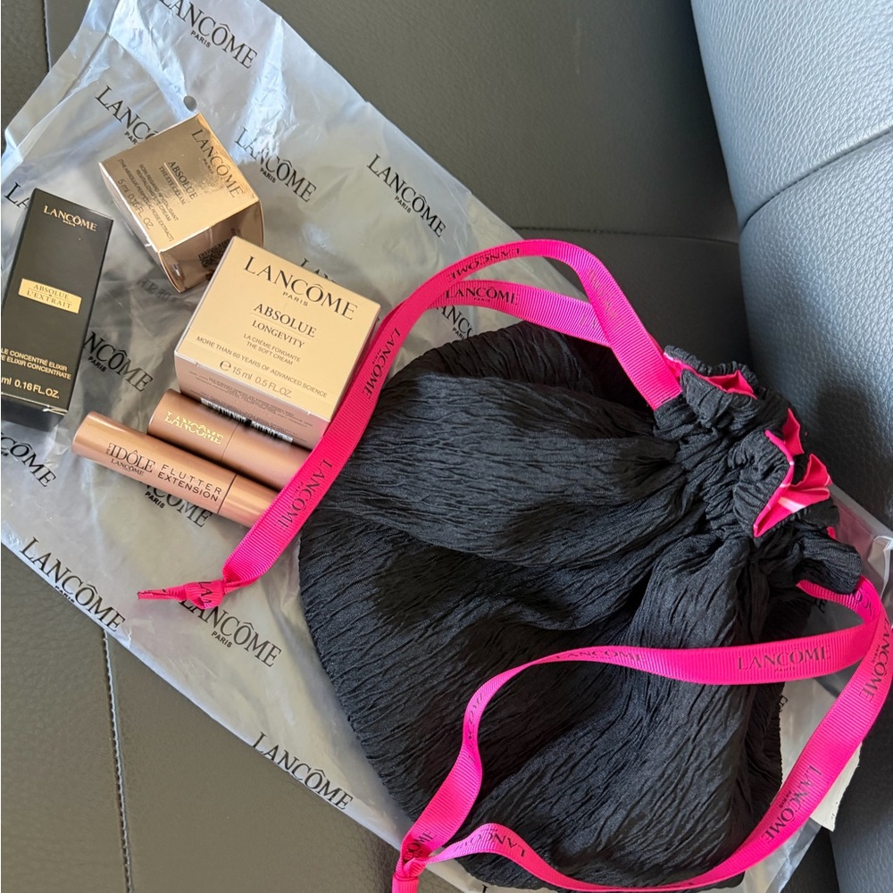 Lancôme Pink Ribbon Black Drawstring Gift Pouch with Cosmetics